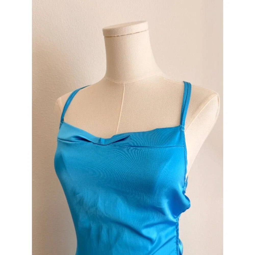 Blue Chiffon Spaghetti Straps Open Back Ruched Mini Dress